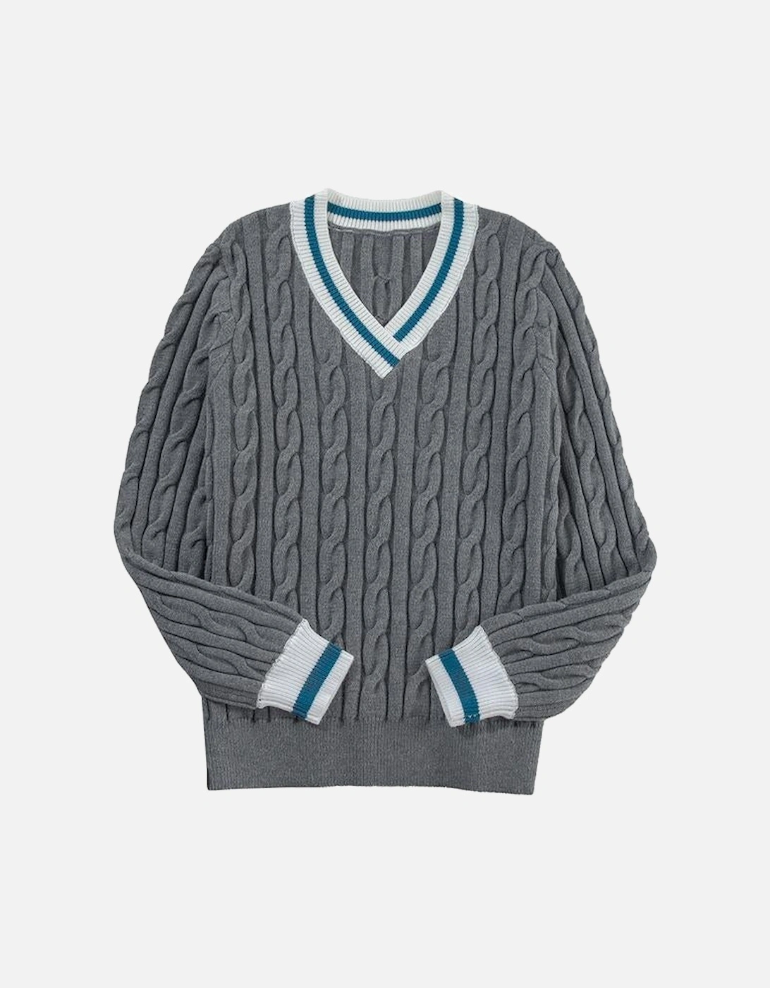 Medium Grey Color Contrast Ribbed Edge Cable Knit V Neck Sweater