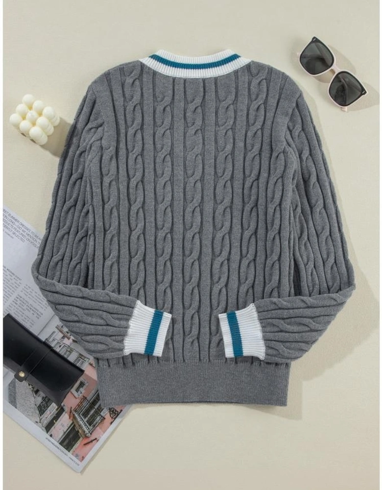 Medium Grey Color Contrast Ribbed Edge Cable Knit V Neck Sweater