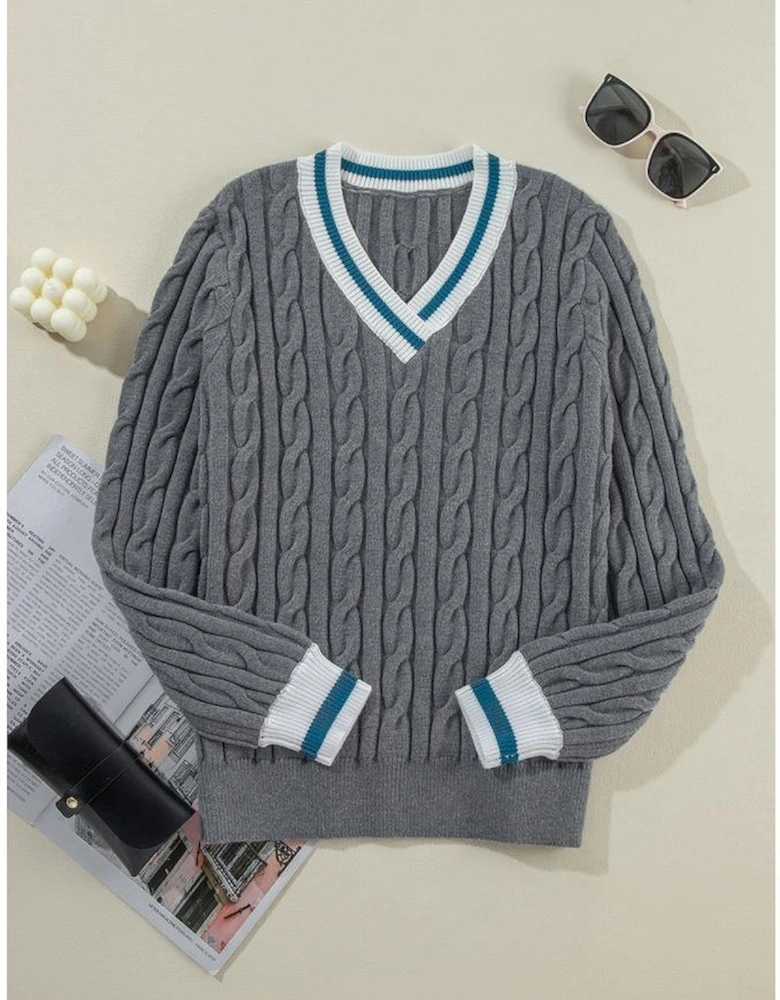 Medium Grey Color Contrast Ribbed Edge Cable Knit V Neck Sweater