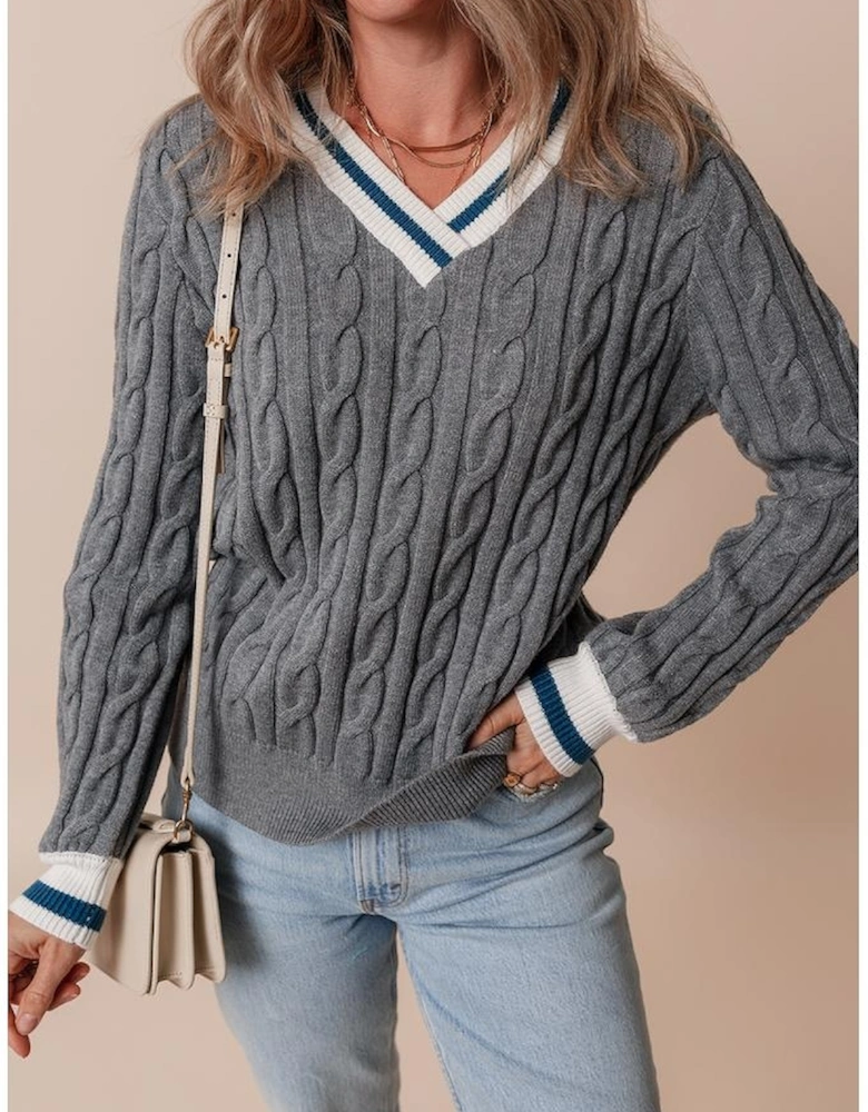 Medium Grey Color Contrast Ribbed Edge Cable Knit V Neck Sweater