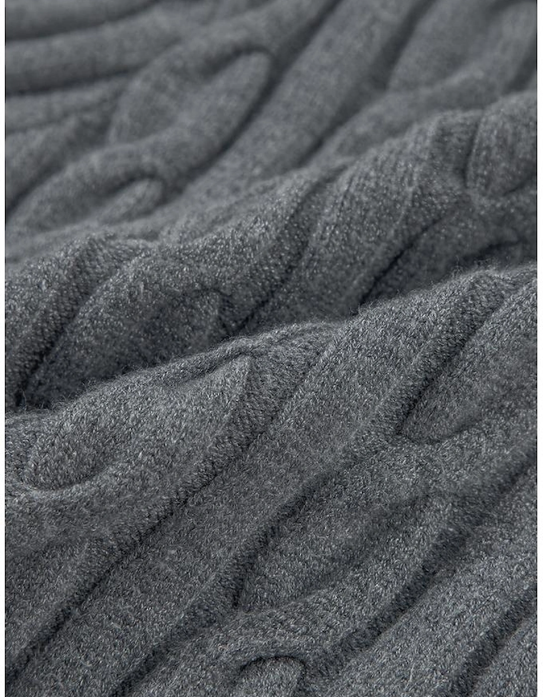 Medium Grey Color Contrast Ribbed Edge Cable Knit V Neck Sweater