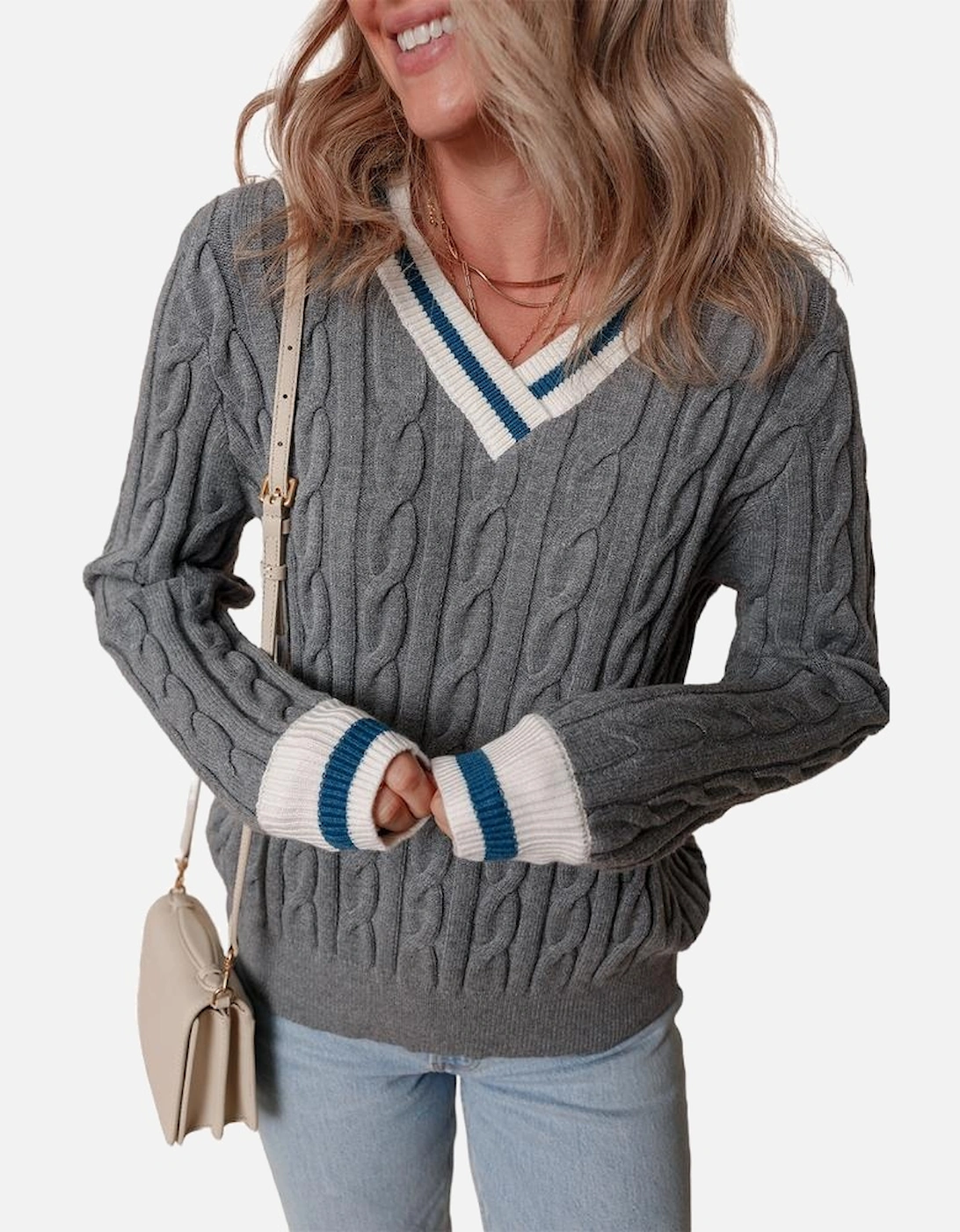 Medium Grey Color Contrast Ribbed Edge Cable Knit V Neck Sweater