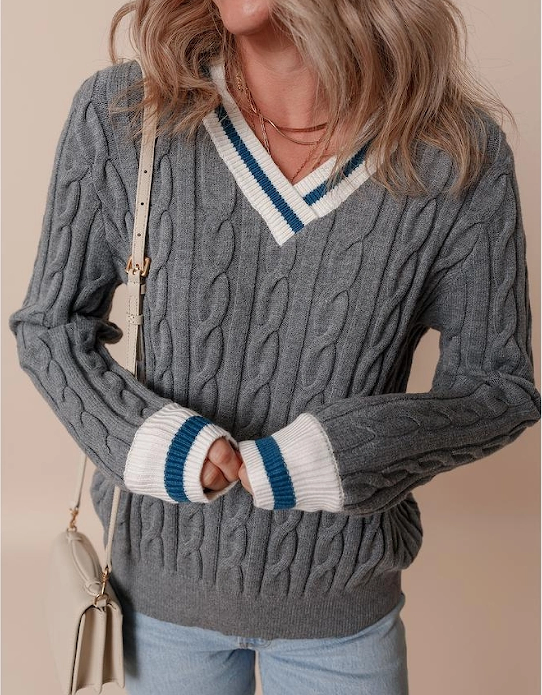 Medium Grey Color Contrast Ribbed Edge Cable Knit V Neck Sweater