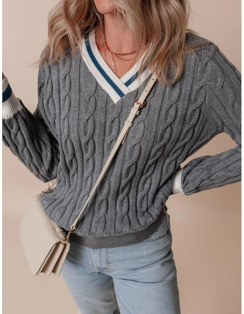 Medium Grey Color Contrast Ribbed Edge Cable Knit V Neck Sweater