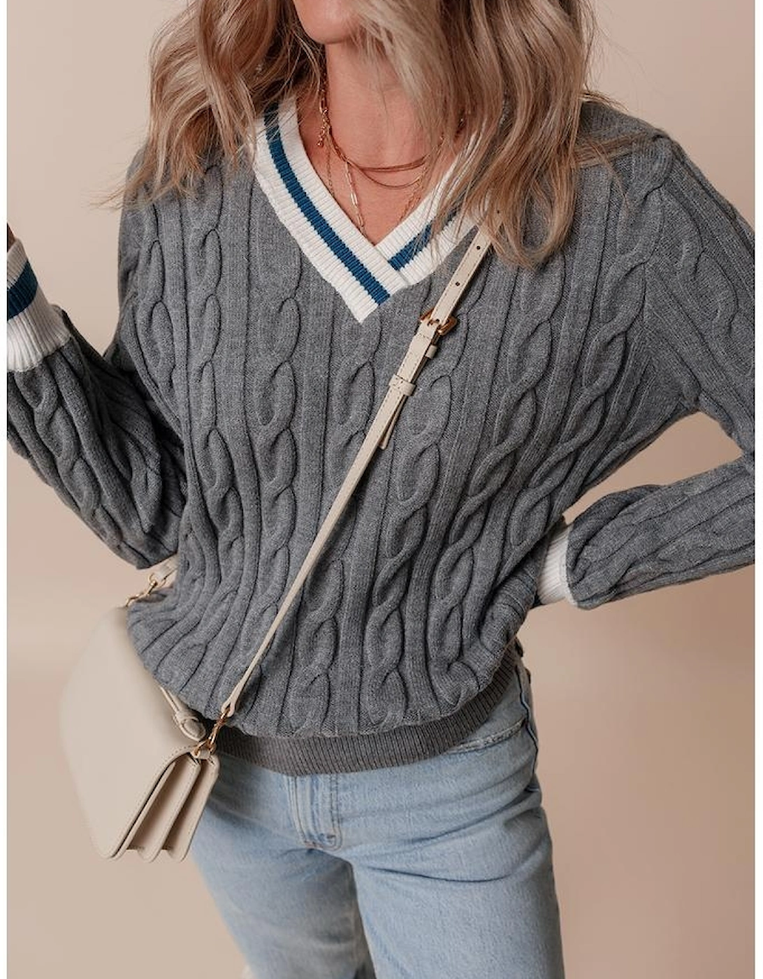 Medium Grey Color Contrast Ribbed Edge Cable Knit V Neck Sweater