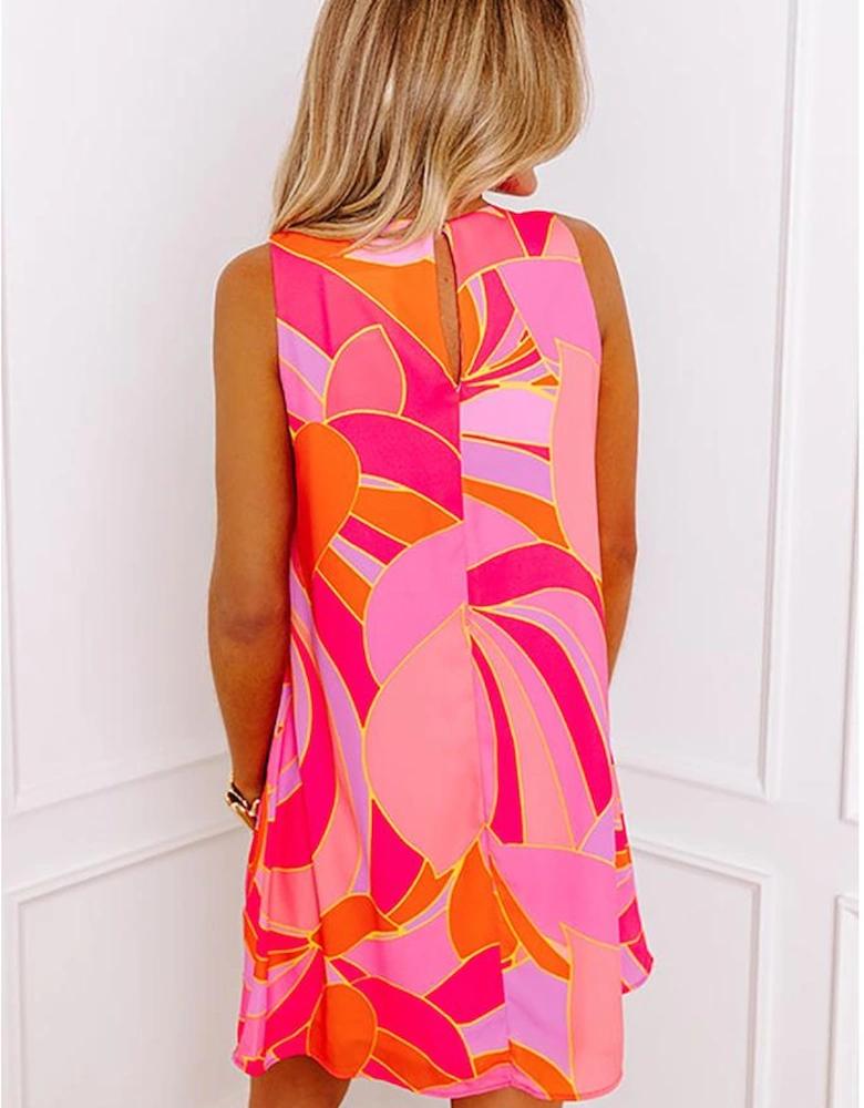 Rose Abstract Floral Print Sleeveless Shift Mini Dress