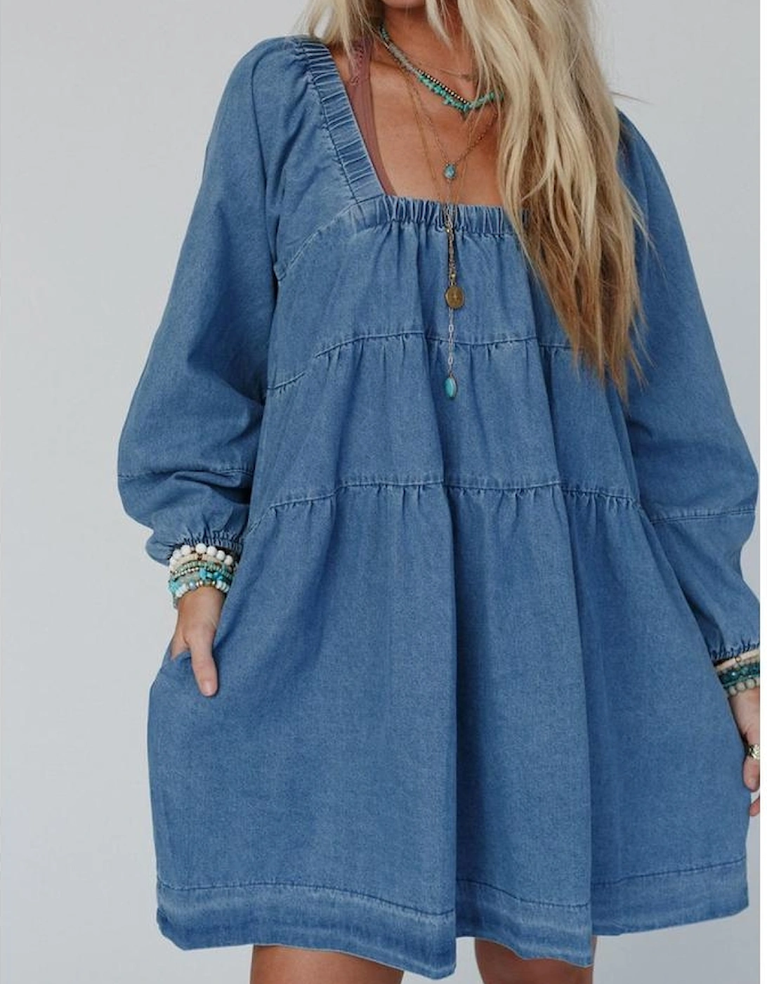 Dusk Blue Square Neck Side Pockets Loose Fit Denim Mini Dress