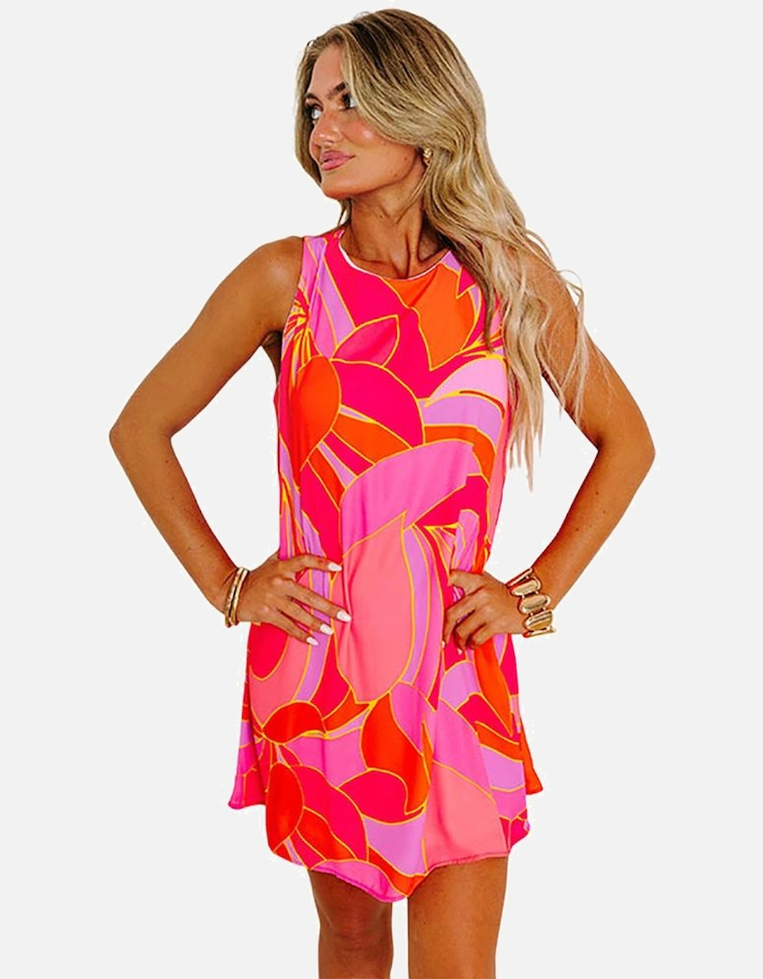 Rose Abstract Floral Print Sleeveless Shift Mini Dress