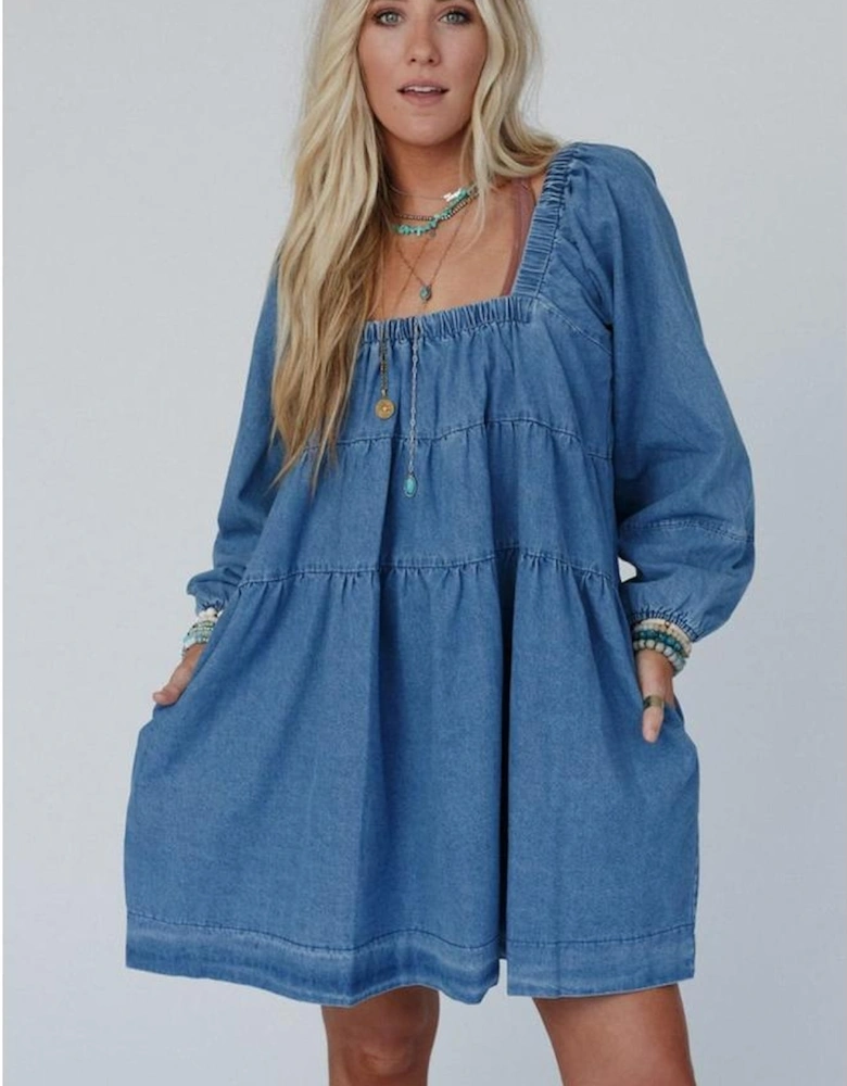 Dusk Blue Square Neck Side Pockets Loose Fit Denim Mini Dress
