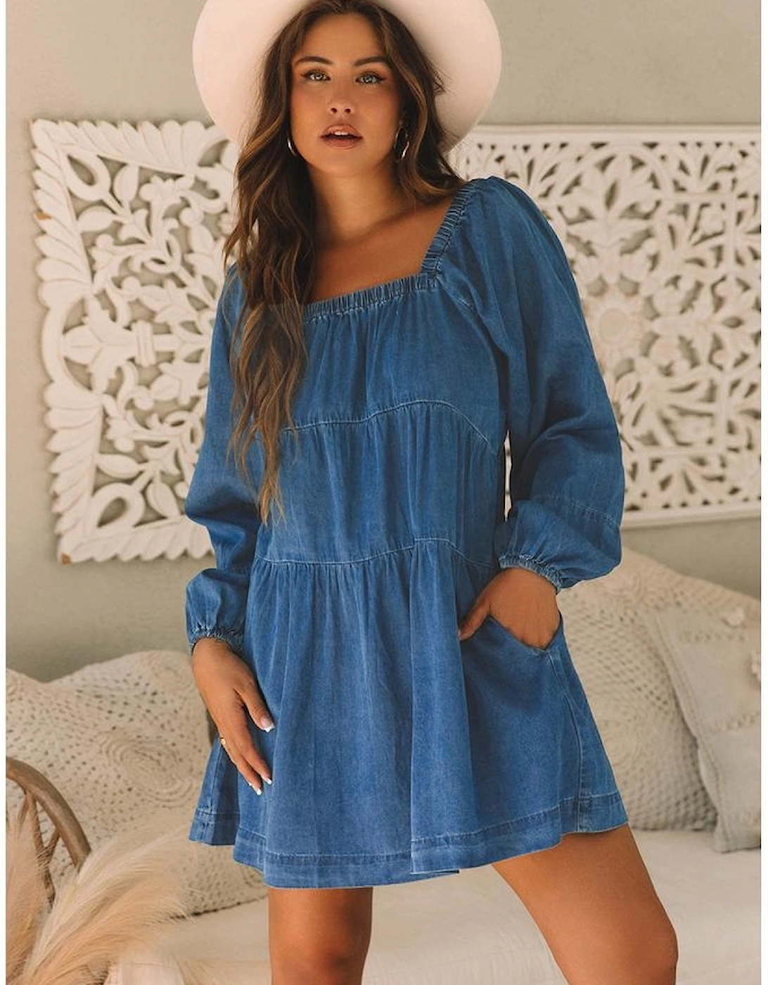 Dusk Blue Square Neck Side Pockets Loose Fit Denim Mini Dress