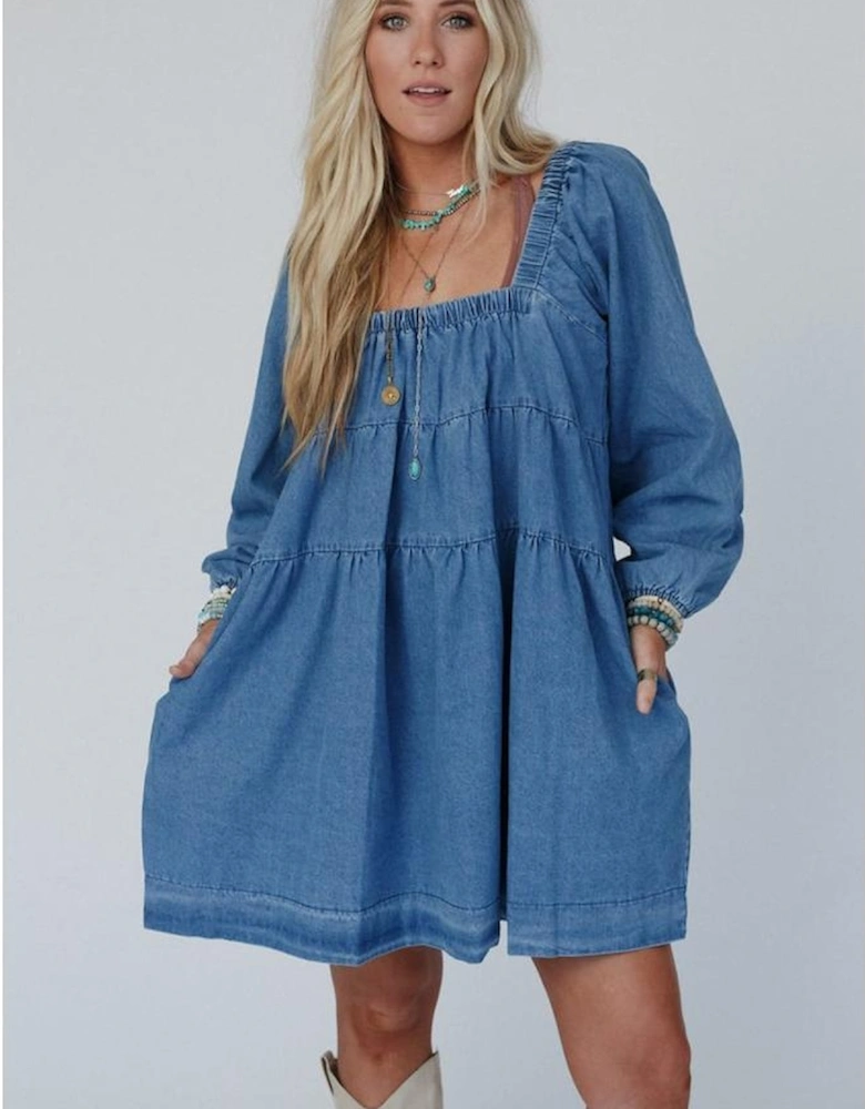 Dusk Blue Square Neck Side Pockets Loose Fit Denim Mini Dress