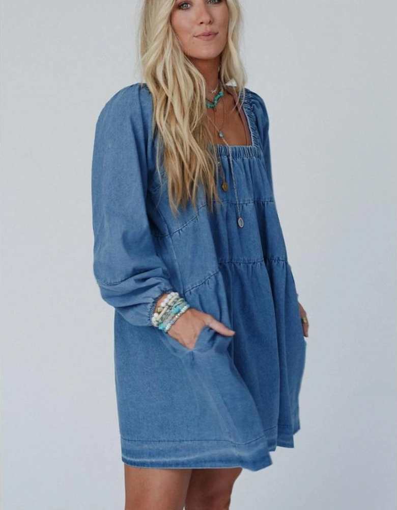 Dusk Blue Square Neck Side Pockets Loose Fit Denim Mini Dress
