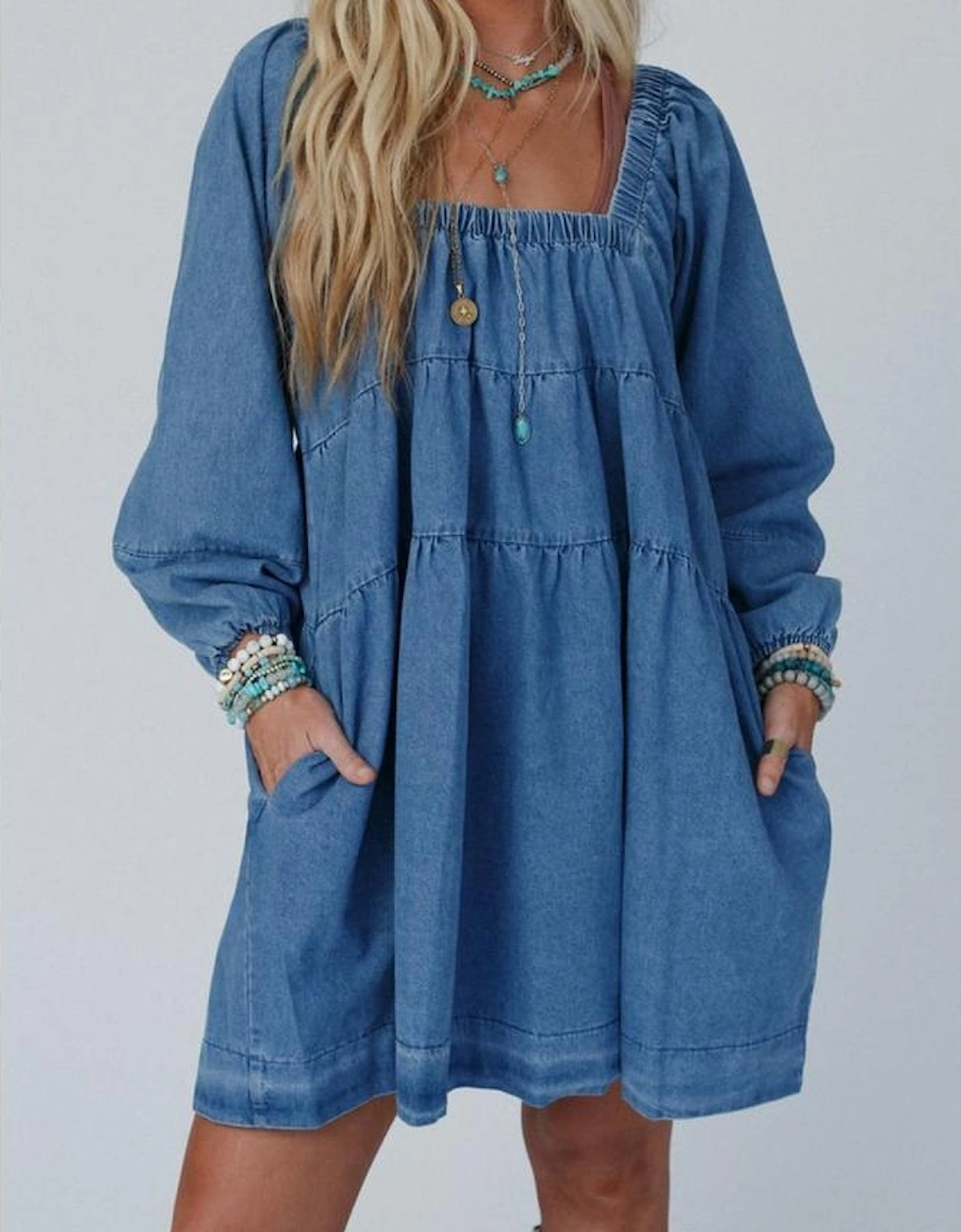 Dusk Blue Square Neck Side Pockets Loose Fit Denim Mini Dress