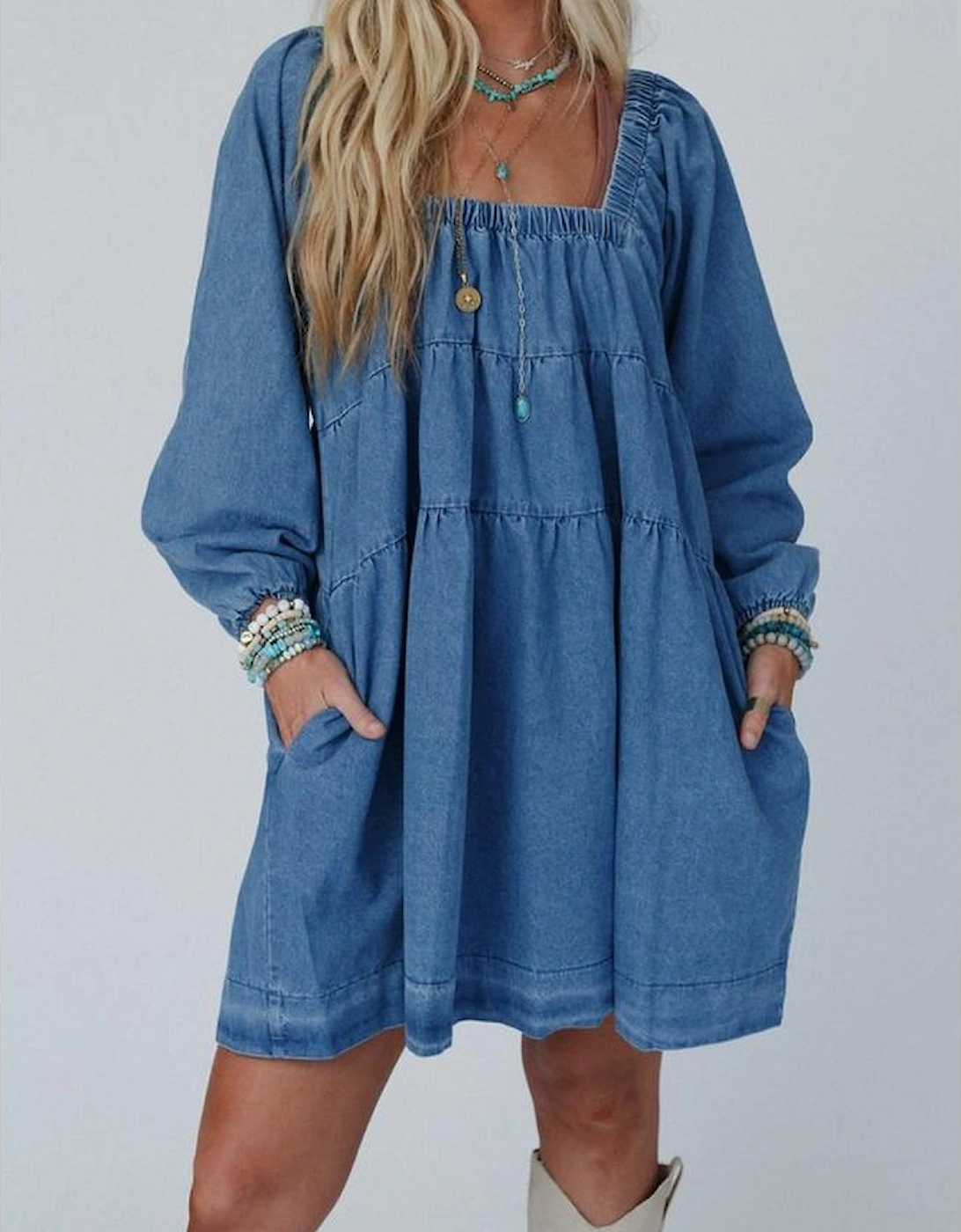 Dusk Blue Square Neck Side Pockets Loose Fit Denim Mini Dress