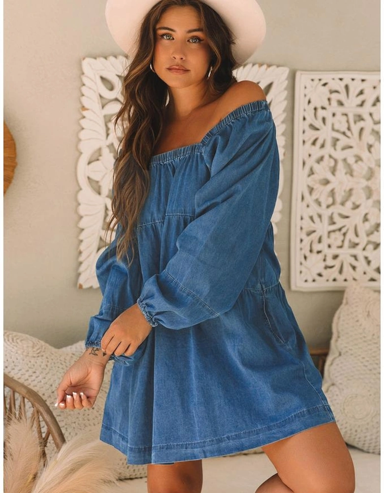 Dusk Blue Square Neck Side Pockets Loose Fit Denim Mini Dress