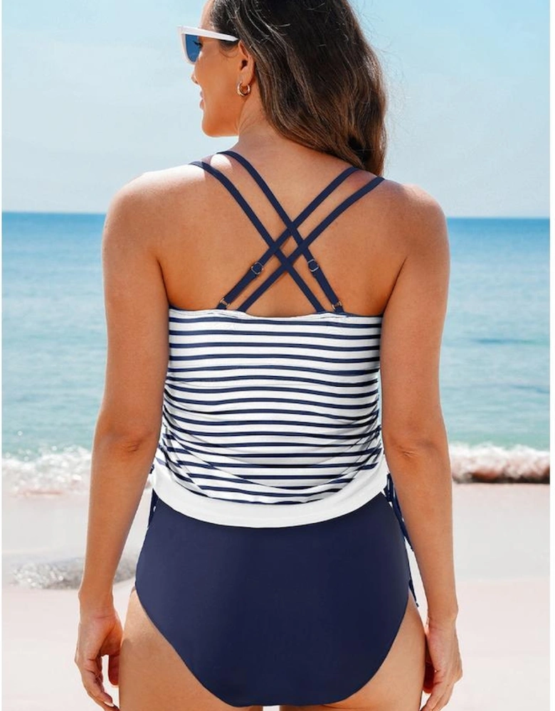 Blue Stripe Drawstring Tummy Control Mix-and-match 2pcs Tankini Swimsuit