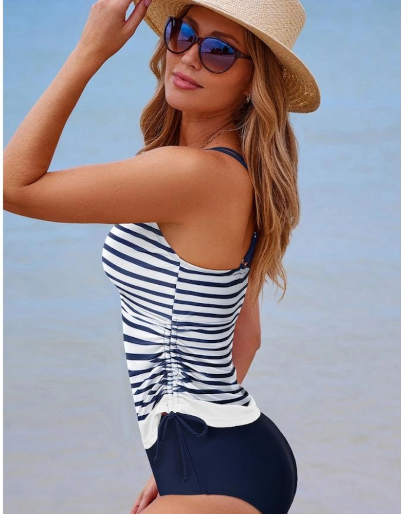 Blue Stripe Drawstring Tummy Control Mix-and-match 2pcs Tankini Swimsuit