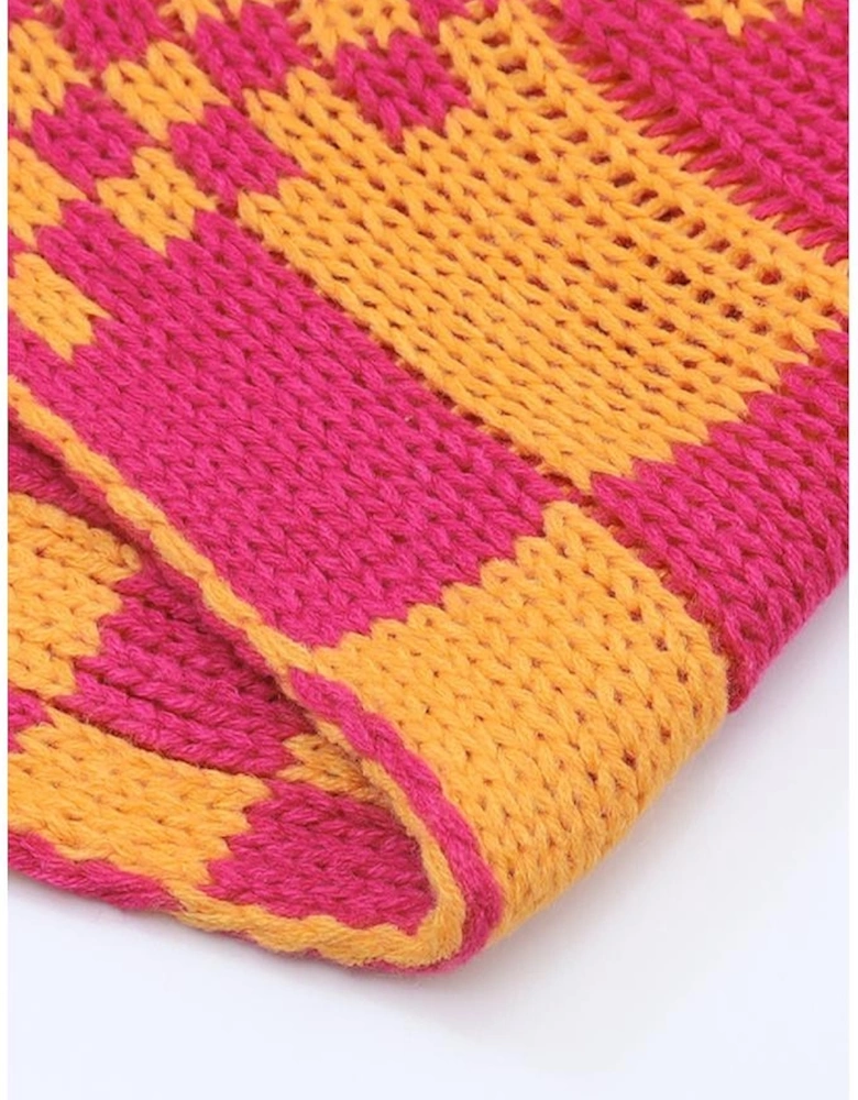 Multicolor Open Front Mixed Checkered Pattern Knit Cardigan