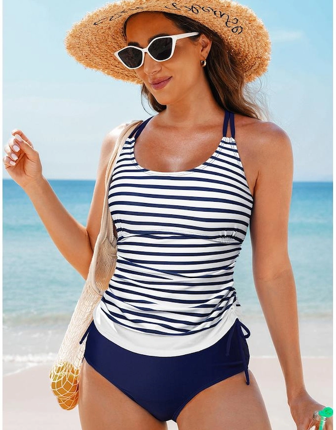 Blue Stripe Drawstring Tummy Control Mix-and-match 2pcs Tankini Swimsuit
