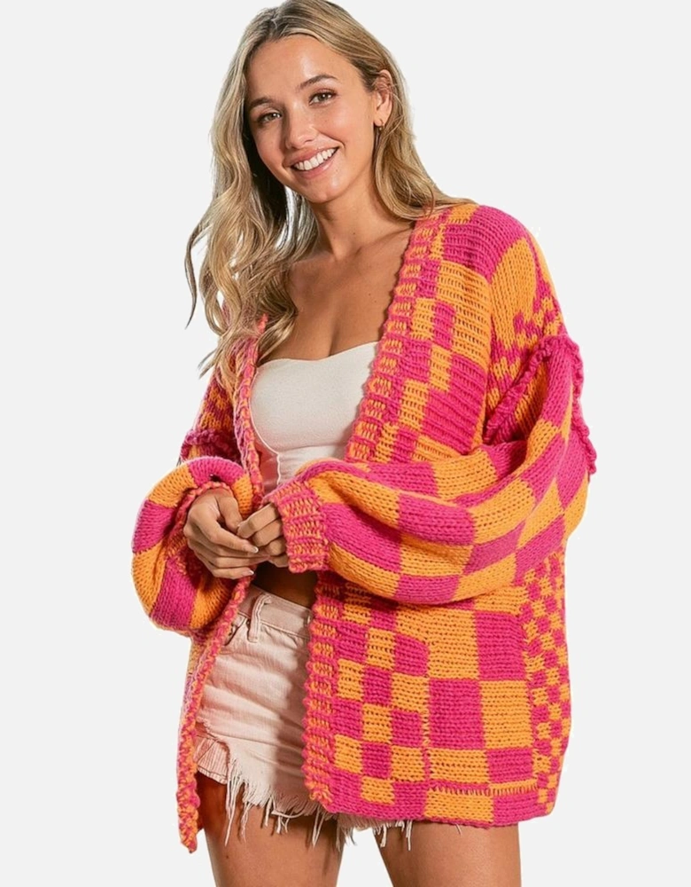 Multicolor Open Front Mixed Checkered Pattern Knit Cardigan