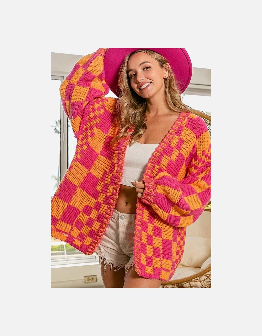 Multicolor Open Front Mixed Checkered Pattern Knit Cardigan