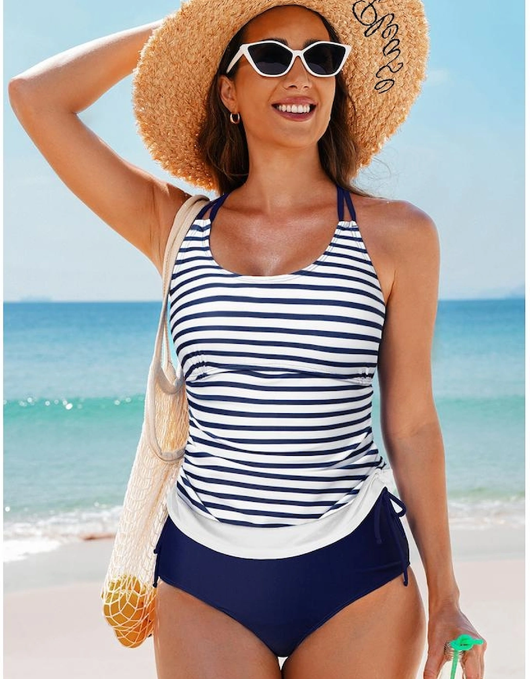 Blue Stripe Drawstring Tummy Control Mix-and-match 2pcs Tankini Swimsuit