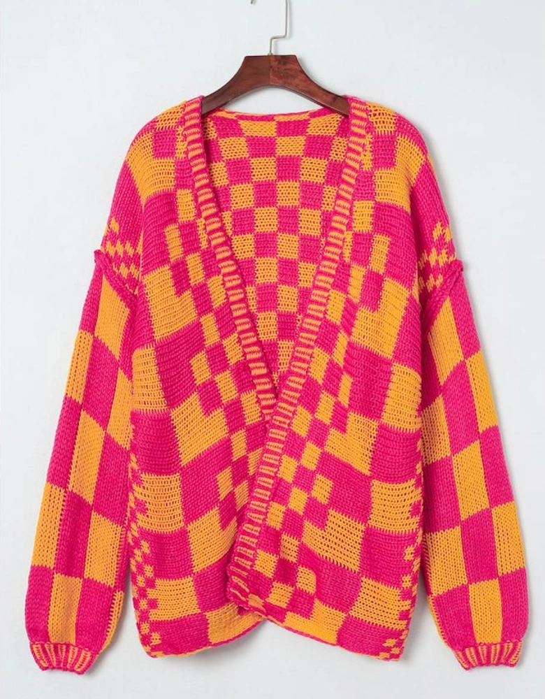 Multicolor Open Front Mixed Checkered Pattern Knit Cardigan