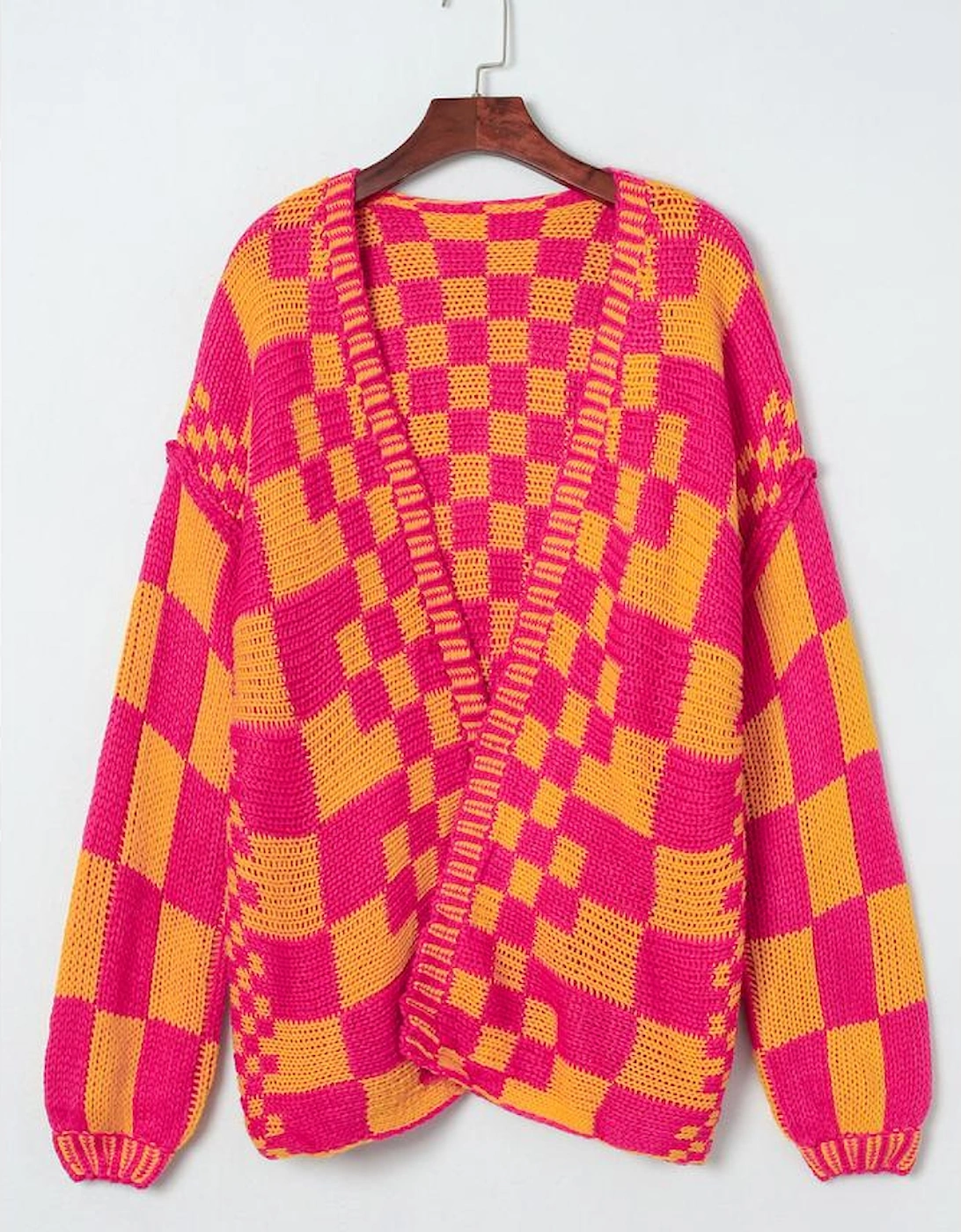 Multicolor Open Front Mixed Checkered Pattern Knit Cardigan