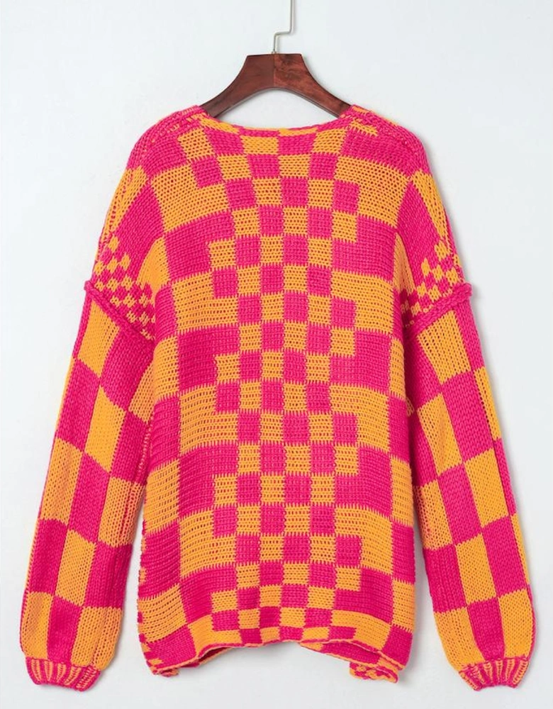 Multicolor Open Front Mixed Checkered Pattern Knit Cardigan