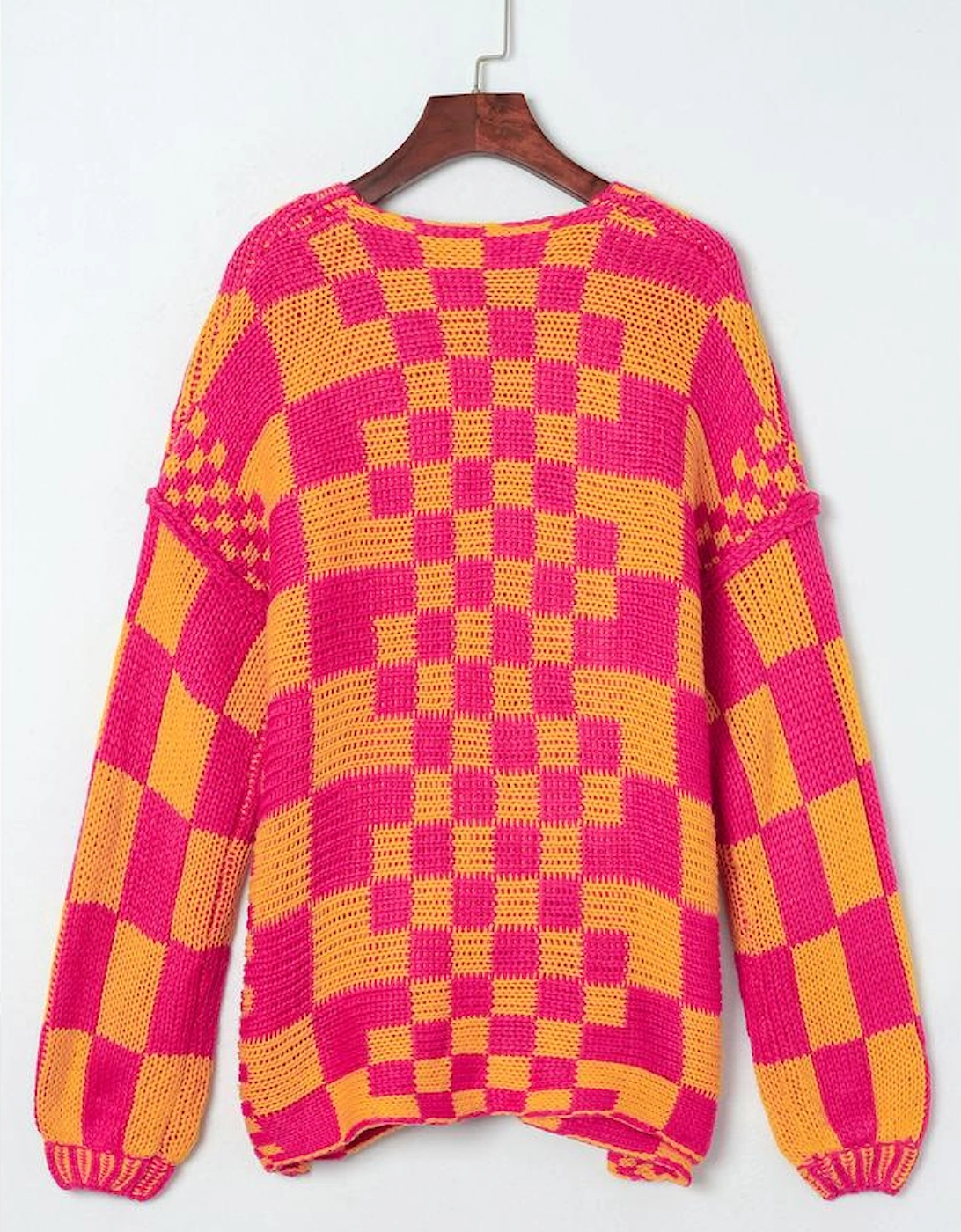 Multicolor Open Front Mixed Checkered Pattern Knit Cardigan