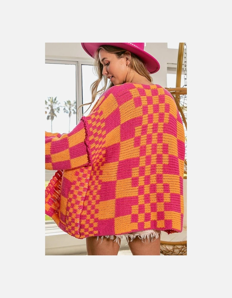 Multicolor Open Front Mixed Checkered Pattern Knit Cardigan