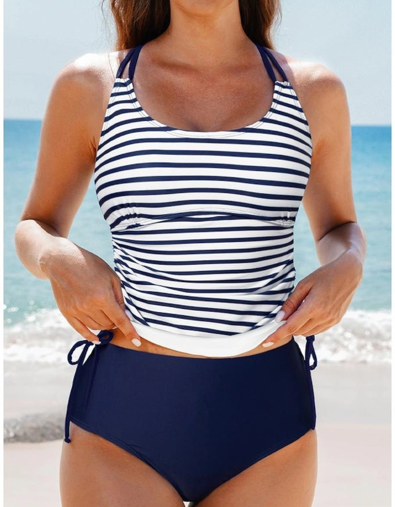 Blue Stripe Drawstring Tummy Control Mix-and-match 2pcs Tankini Swimsuit