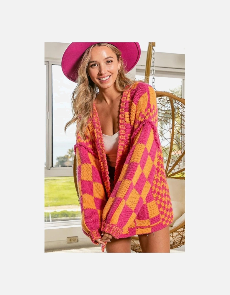 Multicolor Open Front Mixed Checkered Pattern Knit Cardigan