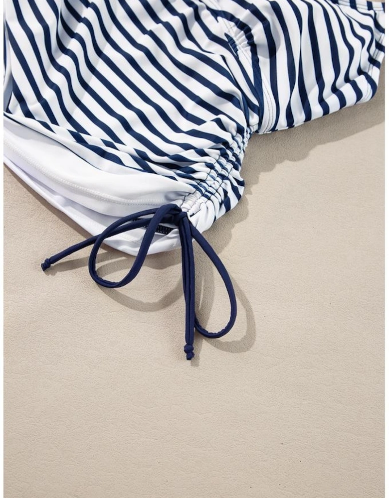 Blue Stripe Drawstring Tummy Control Mix-and-match 2pcs Tankini Swimsuit