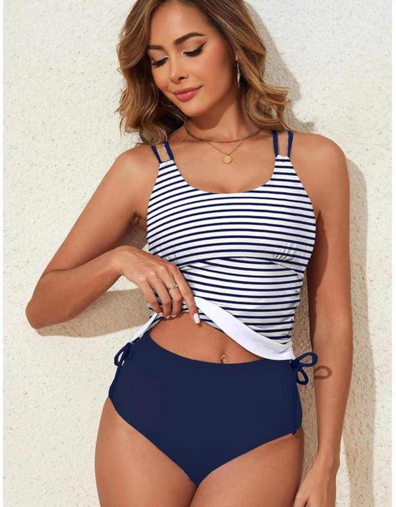 Blue Stripe Drawstring Tummy Control Mix-and-match 2pcs Tankini Swimsuit
