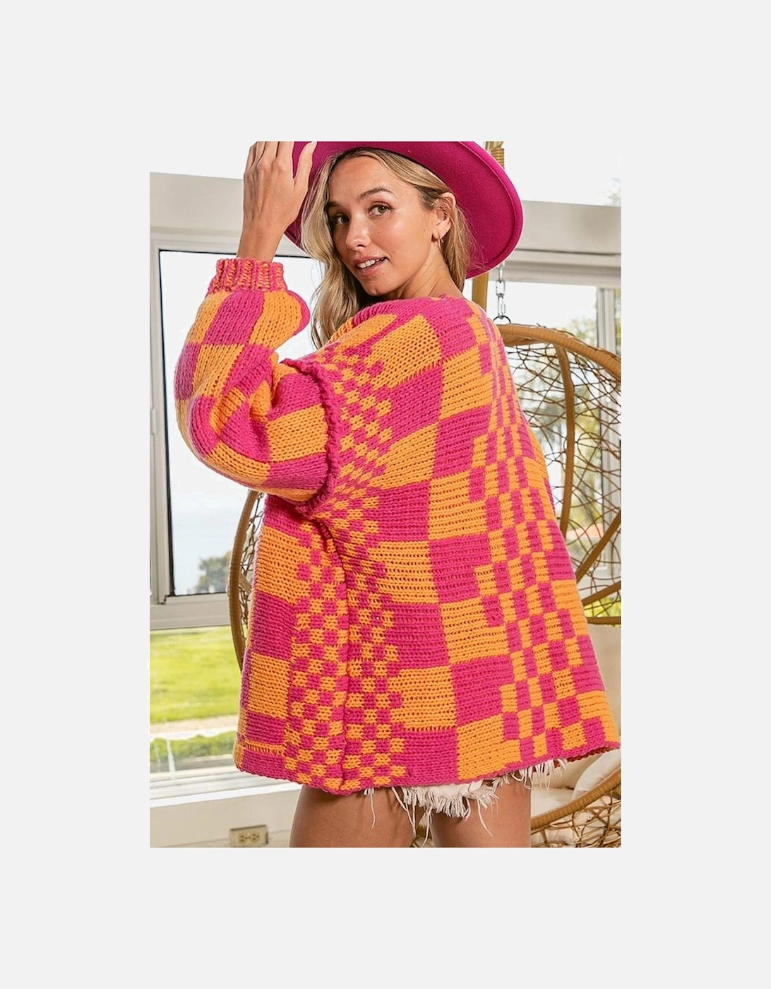 Multicolor Open Front Mixed Checkered Pattern Knit Cardigan