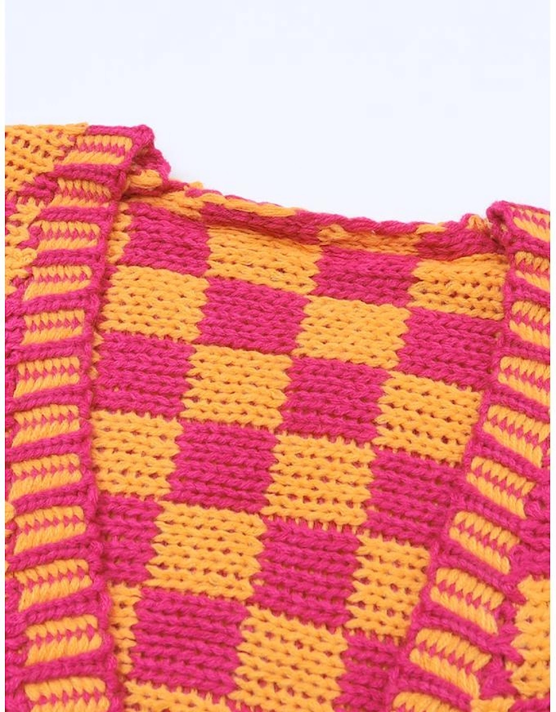Multicolor Open Front Mixed Checkered Pattern Knit Cardigan