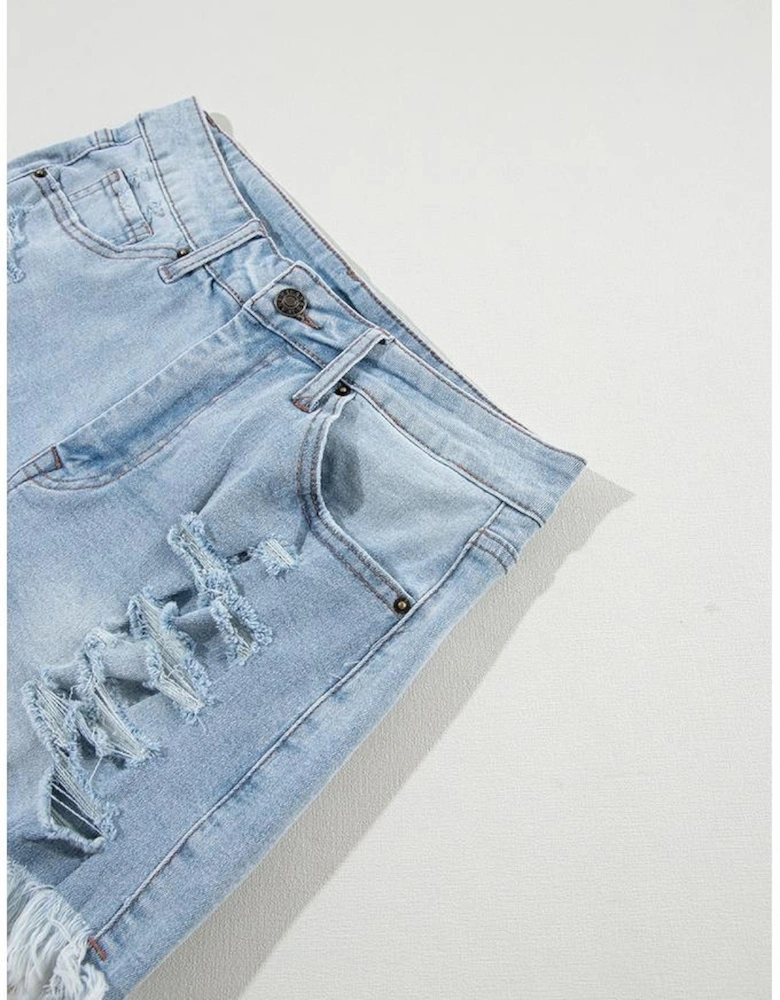 Light Blue Distressed Ripped Raw Hem High Waist Denim Shorts