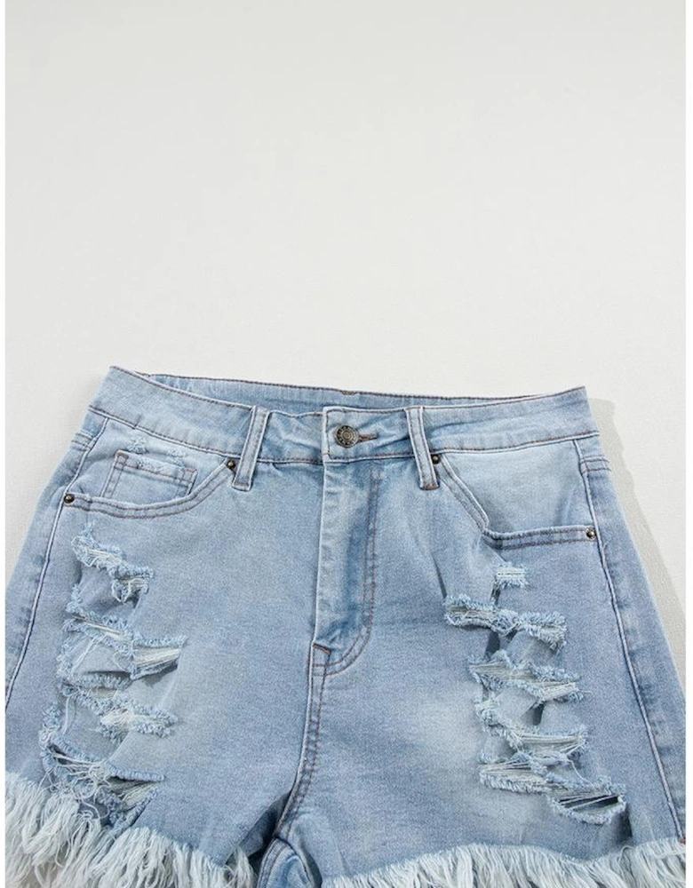 Light Blue Distressed Ripped Raw Hem High Waist Denim Shorts