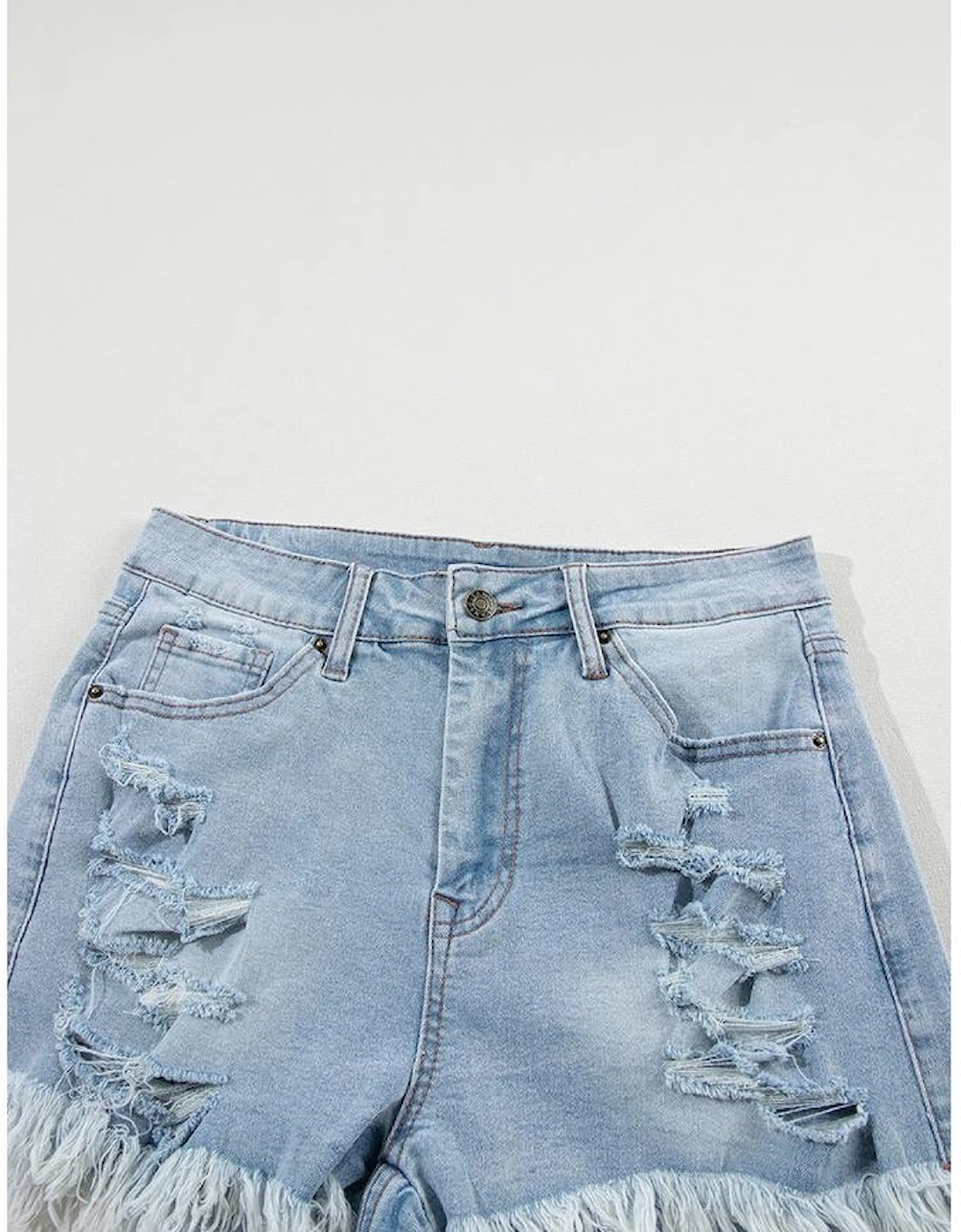 Light Blue Distressed Ripped Raw Hem High Waist Denim Shorts