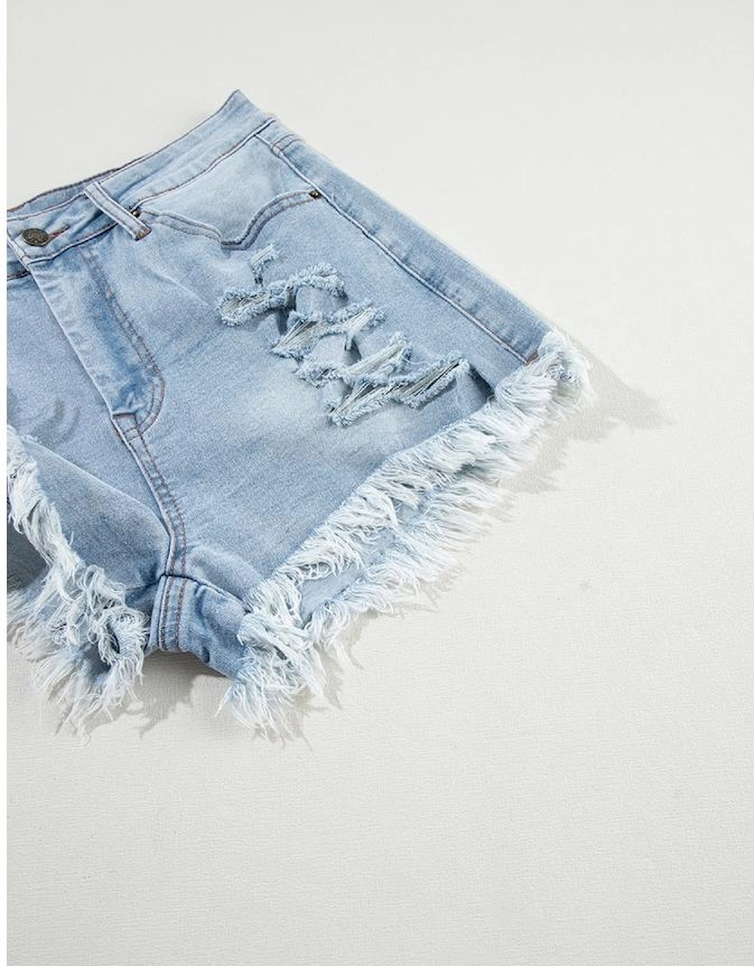 Light Blue Distressed Ripped Raw Hem High Waist Denim Shorts