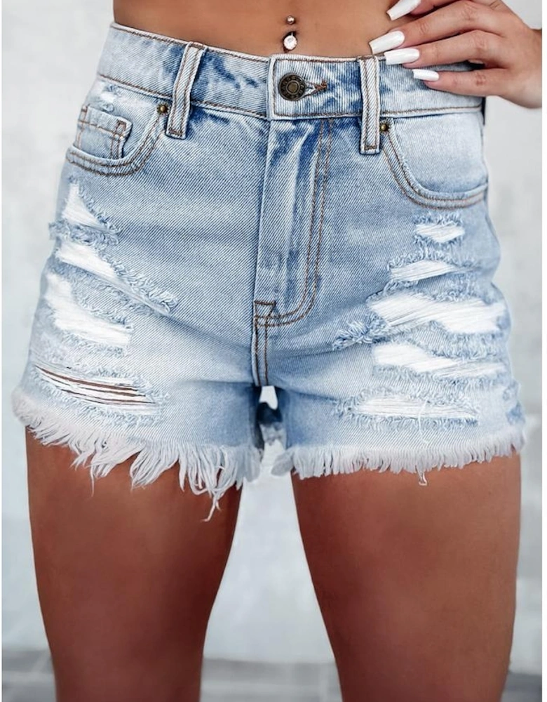 Light Blue Distressed Ripped Raw Hem High Waist Denim Shorts