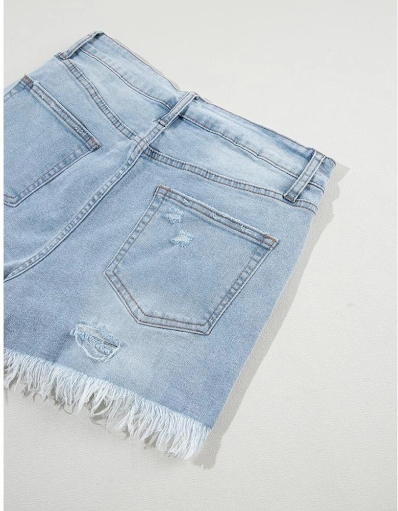 Light Blue Distressed Ripped Raw Hem High Waist Denim Shorts