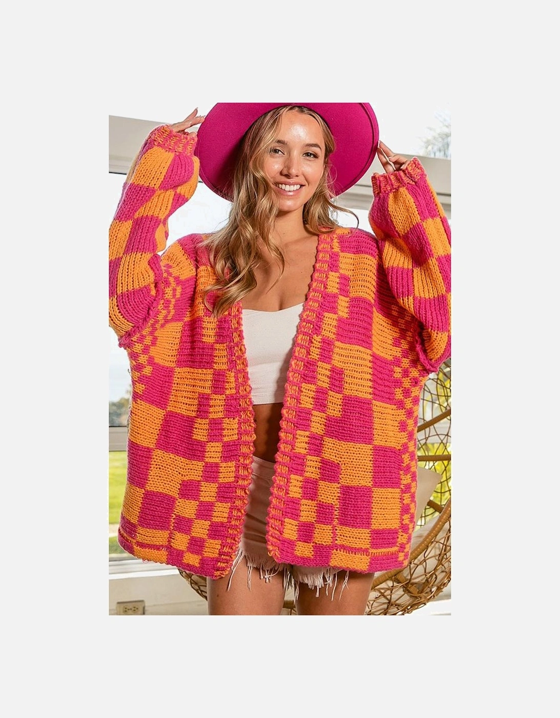 Multicolor Open Front Mixed Checkered Pattern Knit Cardigan