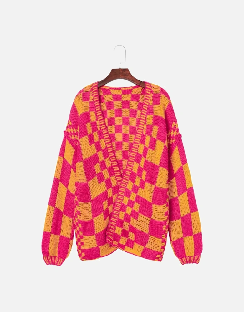 Multicolor Open Front Mixed Checkered Pattern Knit Cardigan