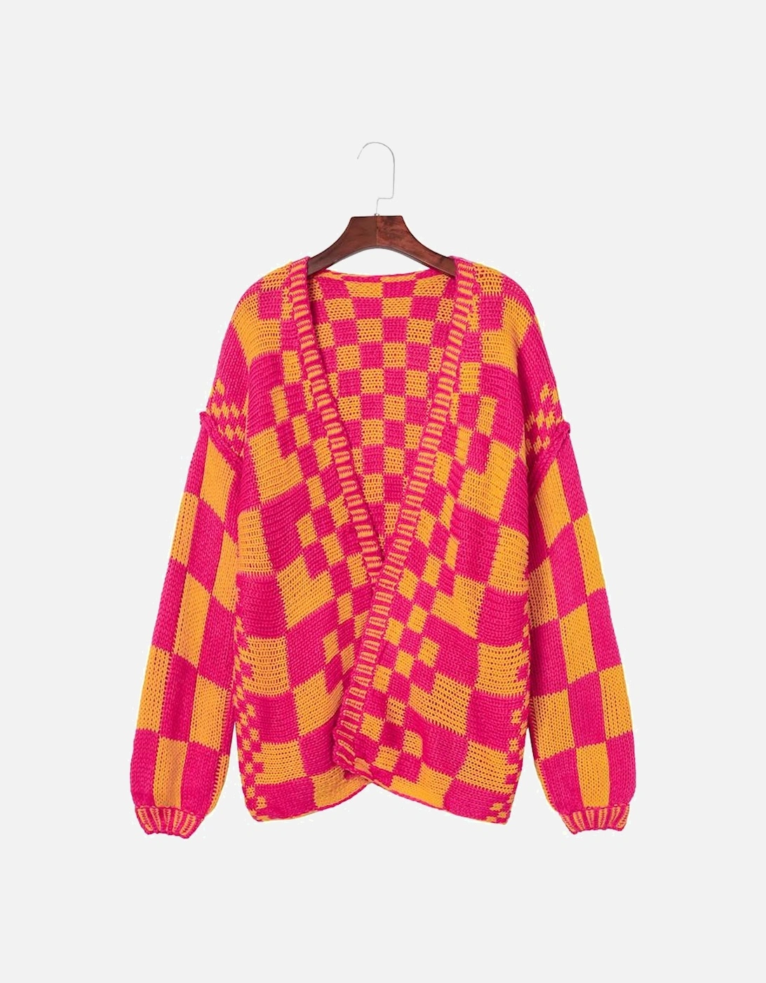 Multicolor Open Front Mixed Checkered Pattern Knit Cardigan