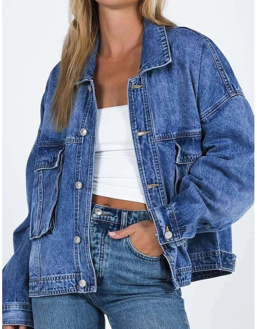 Blue Chest Pockets Drop Shoulder Loose Denim Jacket