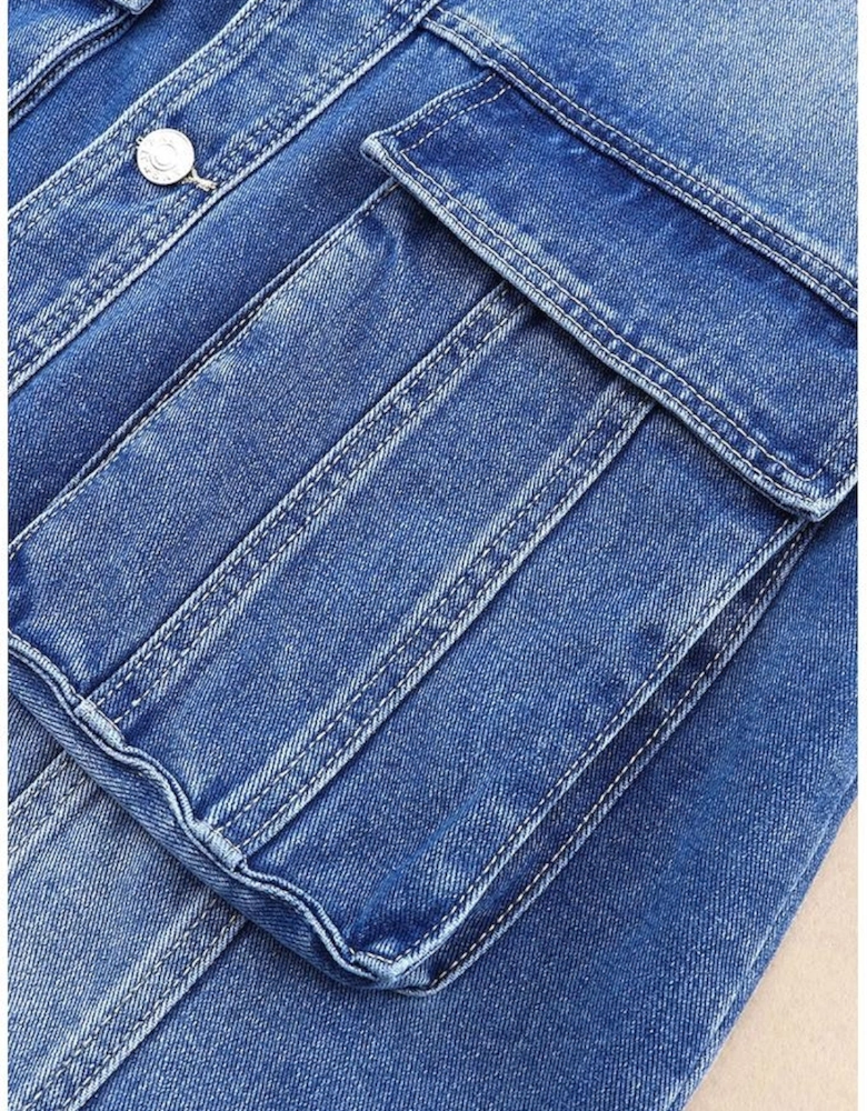 Blue Chest Pockets Drop Shoulder Loose Denim Jacket