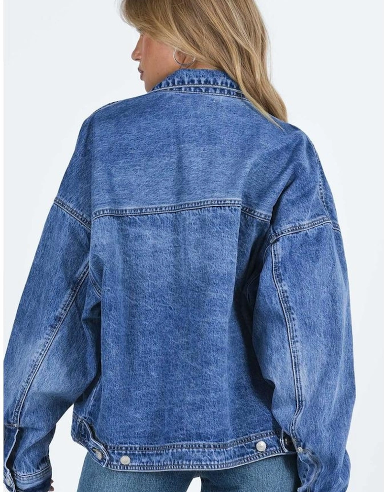 Blue Chest Pockets Drop Shoulder Loose Denim Jacket