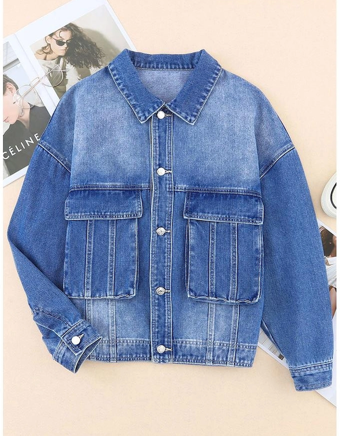Blue Chest Pockets Drop Shoulder Loose Denim Jacket